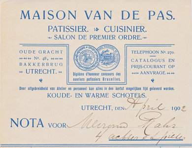 711846 Kop van een nota van Maison Van de Pas, [Patissier, Cuisinier, Salon de Premier Ordre], Oude Gracht [Wz.] no. 48 ...
